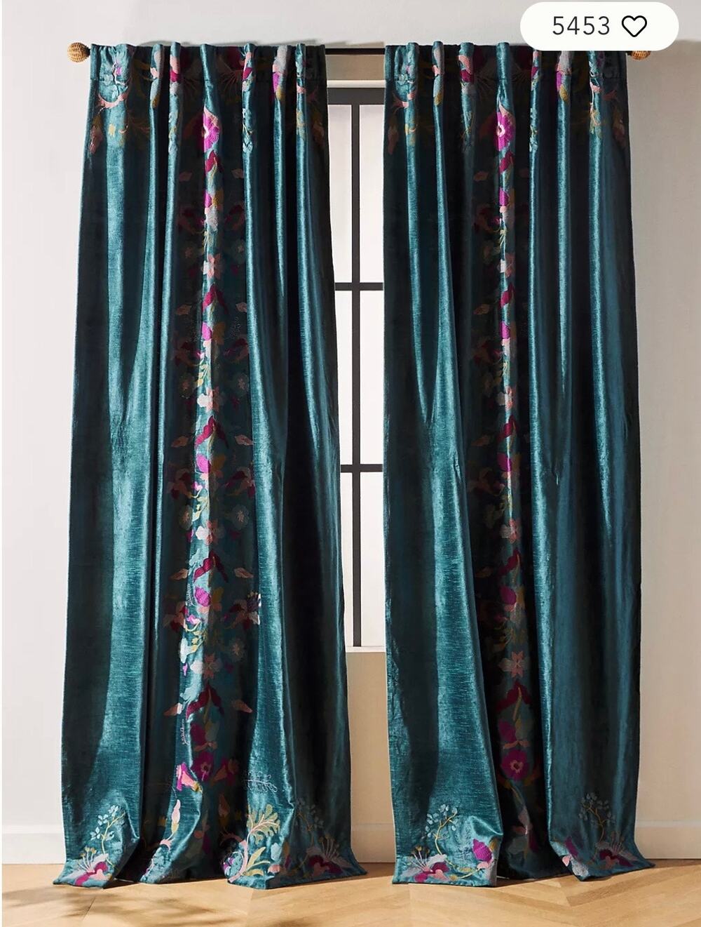 Fiori Velvet Embroidered Floral Curtains - Set of two - 84x50 inches